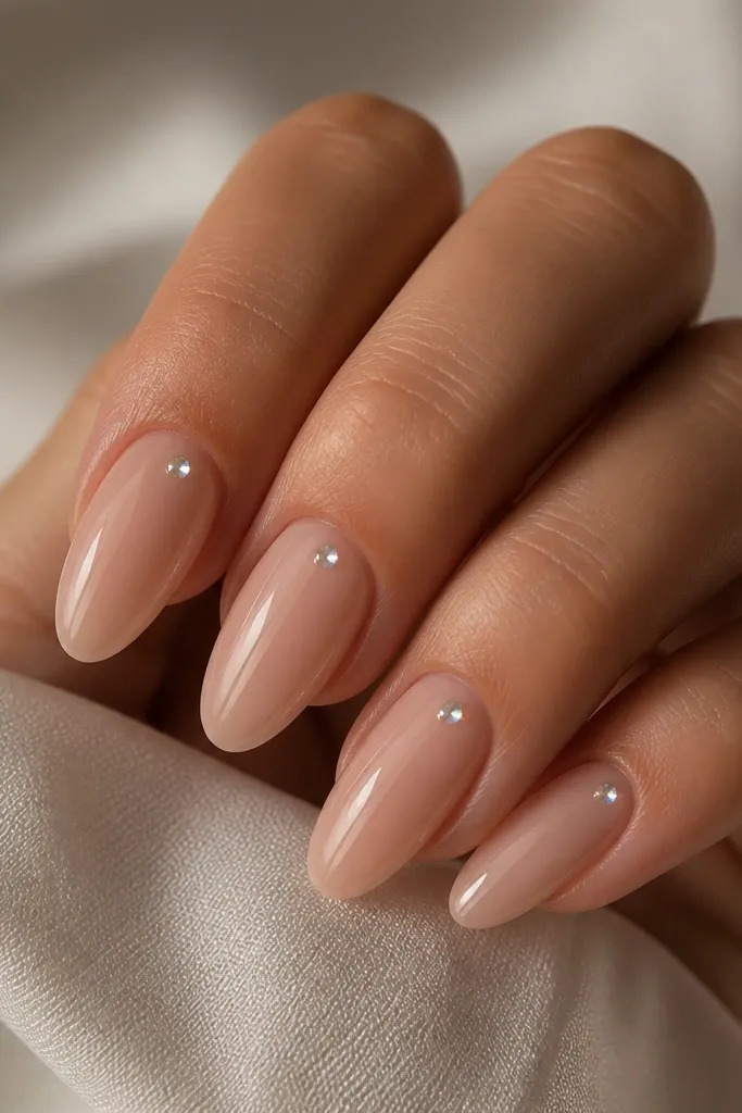 Glossy nude pink almond nails with a single tiny rhinestone near the side of the cuticle on each nail. Storage lights make the rhinestone flash like a pinprick.