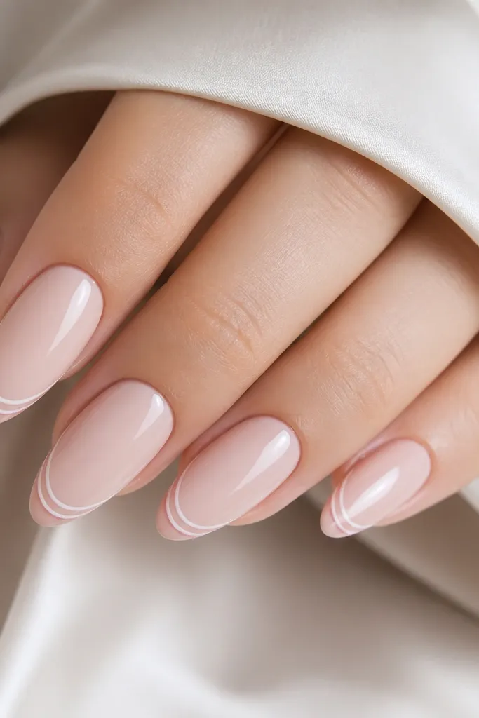 Pale nude pink almond nails with a glossy finish. Two ultra-thin lines run near the tip edge - one white-pink and one softer rose - and storage lights reflect along both lines.