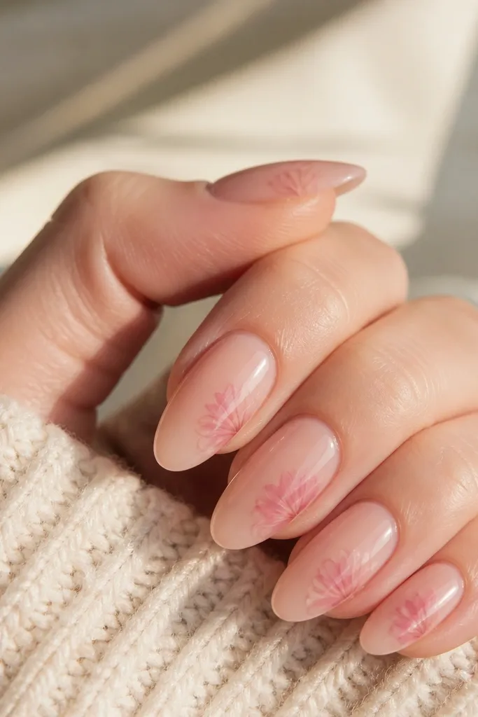 Nude pink almond nails with a faint, no-outline flower shape near the side of the tip. The flower is painted in soft rose, and storage lights make the translucent petals glow.