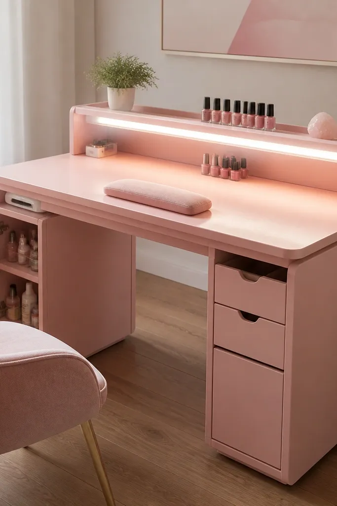 Pink Almond Nails With Storage and Lights