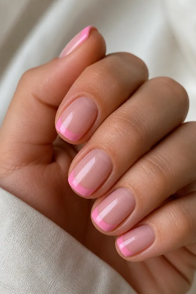 Five short squoval nails with a clean nude base. The tips show a smooth pink arc that follows the nail curve, with no extra lines or glitter. The finish is soft-gloss, and the pink looks evenly opaque.