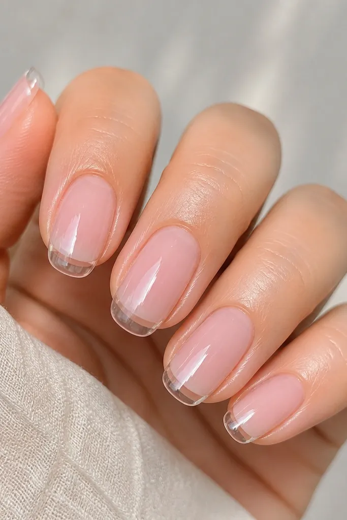 Five nails with a milky pink base that fades slightly toward the cuticle. The tips are crystal-clear, creating a glassy contrast line. The nails are medium length and rounded, with a glossy finish that reflects light like glass.