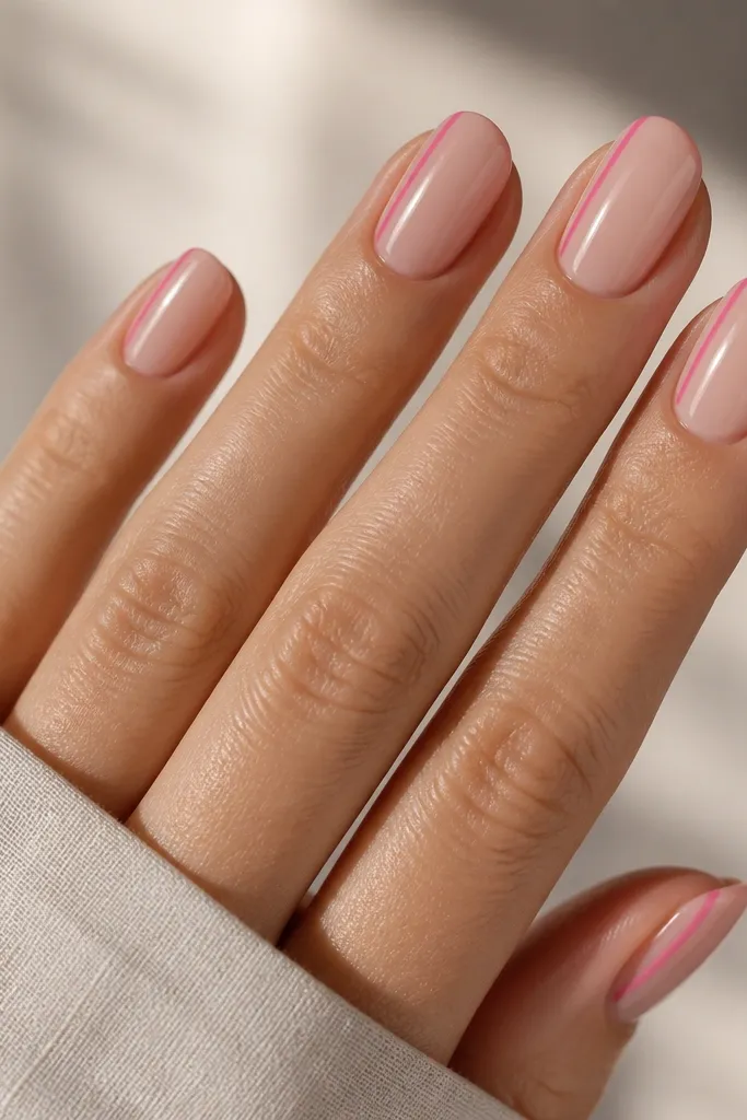 Five medium nails with a glossy rosy nude base. Each nail has a single thin pink stripe running down the left sidewall area, following the nail's curve. No other art is present, and the stripe is crisp and even.