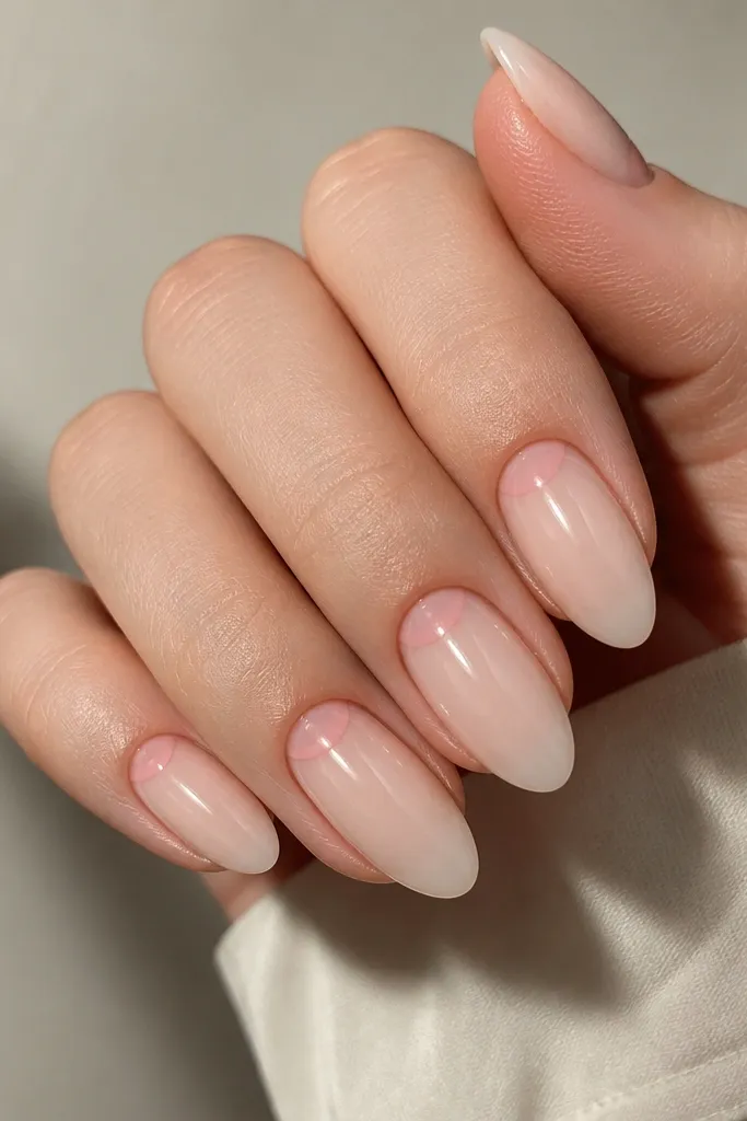 Five nails with a nude sheer base. The cuticle area shows a soft half-moon tint in pink, shaped like a comma or crescent. The rest of the nail is clear to nude, with a glossy finish.