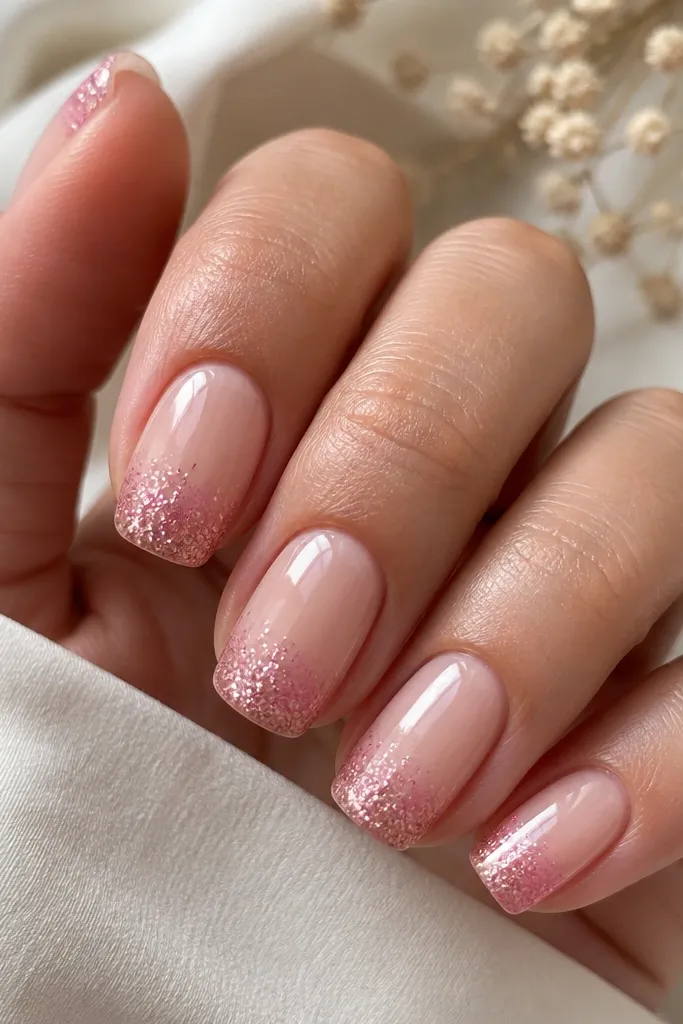 Five nails with a nude base and a concentrated blush pink glitter band across the last third of each nail. The band looks like a smooth gradient glitter, dense at the very tip and slightly lighter toward the middle. Glossy top coat over the glitter.