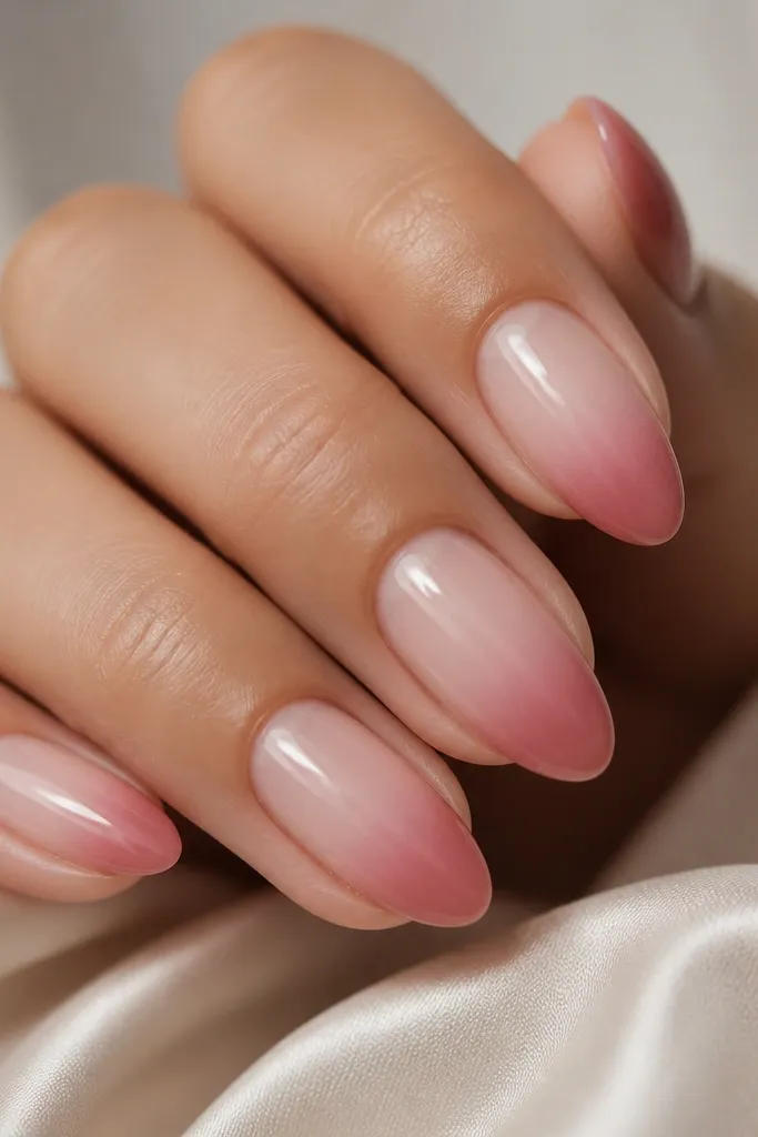 Five medium almond nails with a nude base. The tips fade from a deeper dusty rose at the end into a soft pink haze toward the middle, with no harsh line. The finish is glossy and the ombré looks airbrushed.