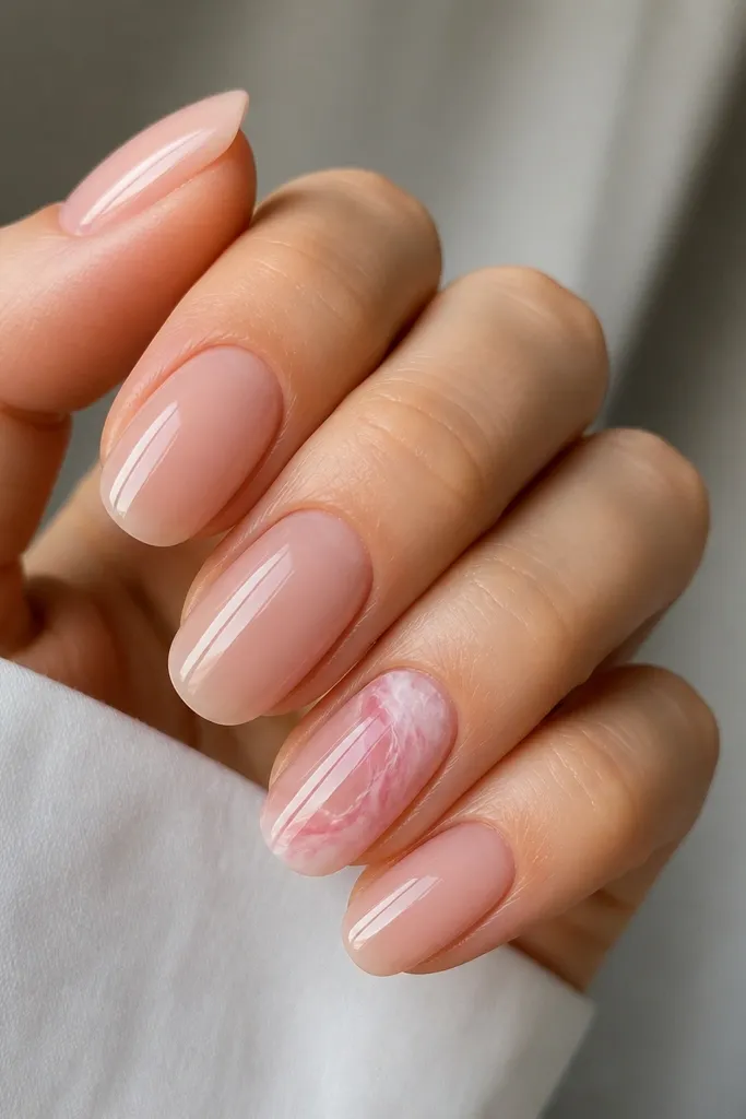 Four nails are nude sheer with a glossy finish. One nail has a pink marble vein pattern: thin, wavy white lines crossed with soft pink patches, concentrated toward the tip. The accent still looks airy, not bulky.