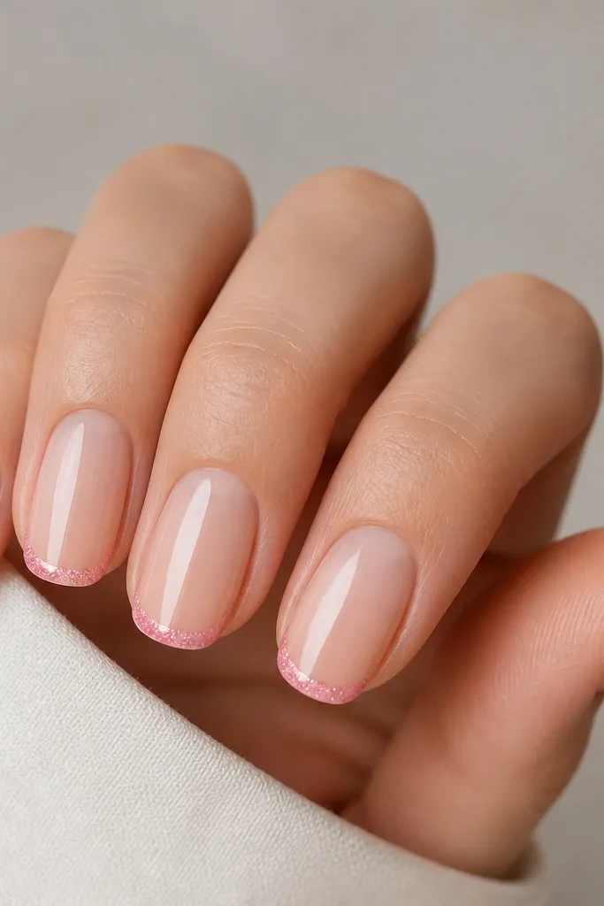 Five nails with a clear nude base. The tips have a thin French line filled with micro-pink glitter. The glitter line is narrow and crisp, and the rest of the nail stays transparent and glossy.