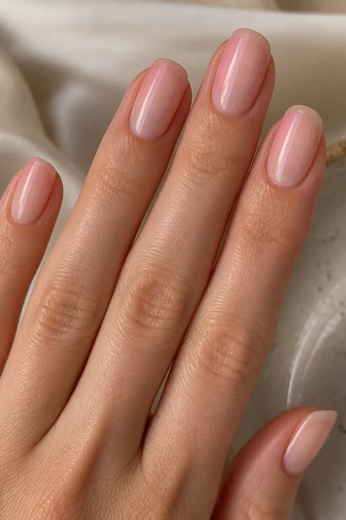 Five nails with a mostly nude center. Soft pink fades sit on both sidewalls, meeting in the middle but leaving the center lighter and clear. The shape is medium rounded with a glossy finish.