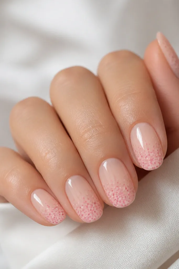 Five nails with a glossy nude base. There are scattered bubblegum pink speckle dots concentrated near the tip, with a few lighter dots fading upward. No lines or full coverage - just small dots.