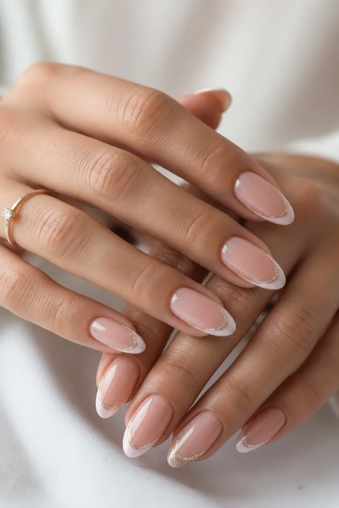 A full set of long almond nails with a sheer blush base. The French tip is a thin white-pink line, and the smile line has a dusting of fine silver micro-glitter only on the curved edge. One nail on each hand has the glitter slightly thicker, still keeping the cuticle area clean.