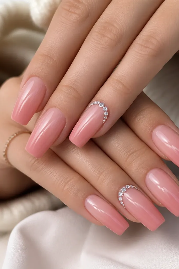 Long soft-square nails with a smooth ombre that fades from sheer rosy pink at the cuticle into a slightly deeper blush near the tip. Around the cuticle on two accent nails is a crescent of clear crystals, each one catching light. The rest of the nails are glossy and clean with no glitter.