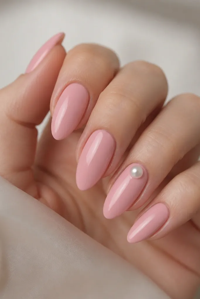 Medium almond nails in a solid powder pink finish with a velvety-satin look. The ring finger nail has one pearl bead centered near the cuticle, slightly raised like a tiny boutonniere. Other nails are plain and glossy only at the top coat, not glittery.