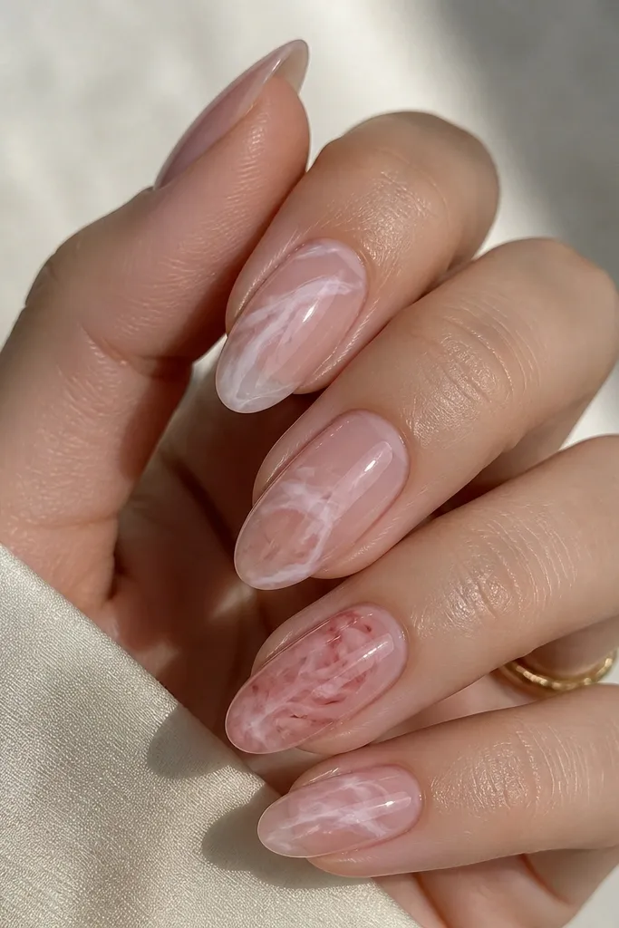 Nails with a sheer pink base. Over it, there are soft white-pink marble swirls that look like thin wisps, mostly running diagonally. The accent nail has slightly darker blush marble lines, still airy and not opaque.