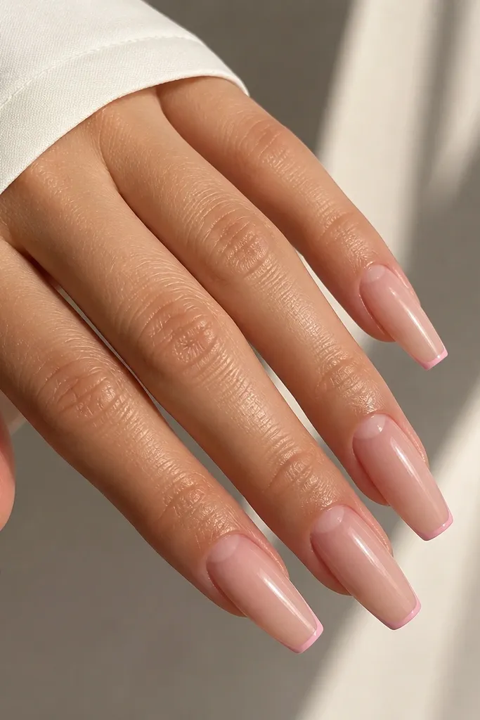 Long tapered square nails with a sheer nude-pink base. The tips have a micro French line in soft pink, very thin and close to the natural nail edge. Two nails show a small clear negative-space window near the cuticle, like a tiny crescent.