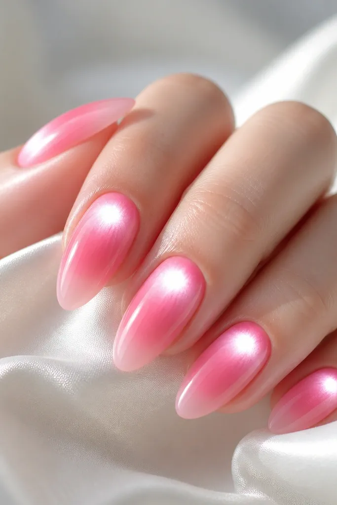 Medium almond nails with an aura effect. The center of each nail near the cuticle has a bright white-pink glow, then it fades outward into a soft rosy pink haze. One accent nail has the aura glow slightly stronger and the rest stays subtle. Everything is glossy and smooth.