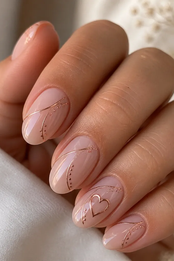 Short-to-medium almond nails with a sheer pink base. Over each nail there are thin rose-gold lines forming simple arcs and tiny dots, like minimal jewelry. The ring finger has one slightly larger heart outline made from rose-gold line gel. Everything is glossy.