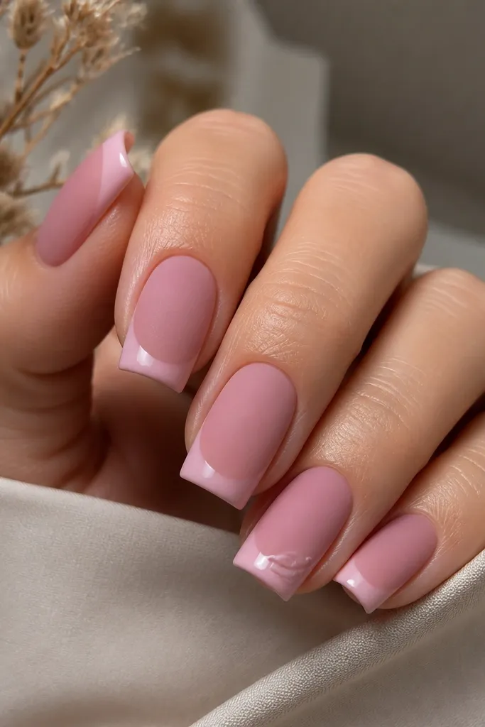 Medium square nails with a matte pink velvet finish over most of the nail. The tips have a clean glossy French line in a slightly lighter pink, creating a crisp contrast. One accent nail has a tiny swirl made from glossy gel near the tip.