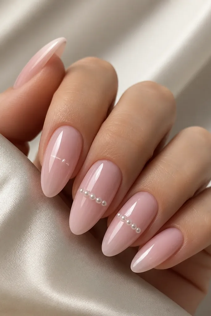 Long almond nails with a smooth soft pink base that looks glazed and reflective. There are faint, circular "glaze" highlights near the center of each nail. On two nails, tiny pearl dots sit in a short horizontal line across the mid-nail.