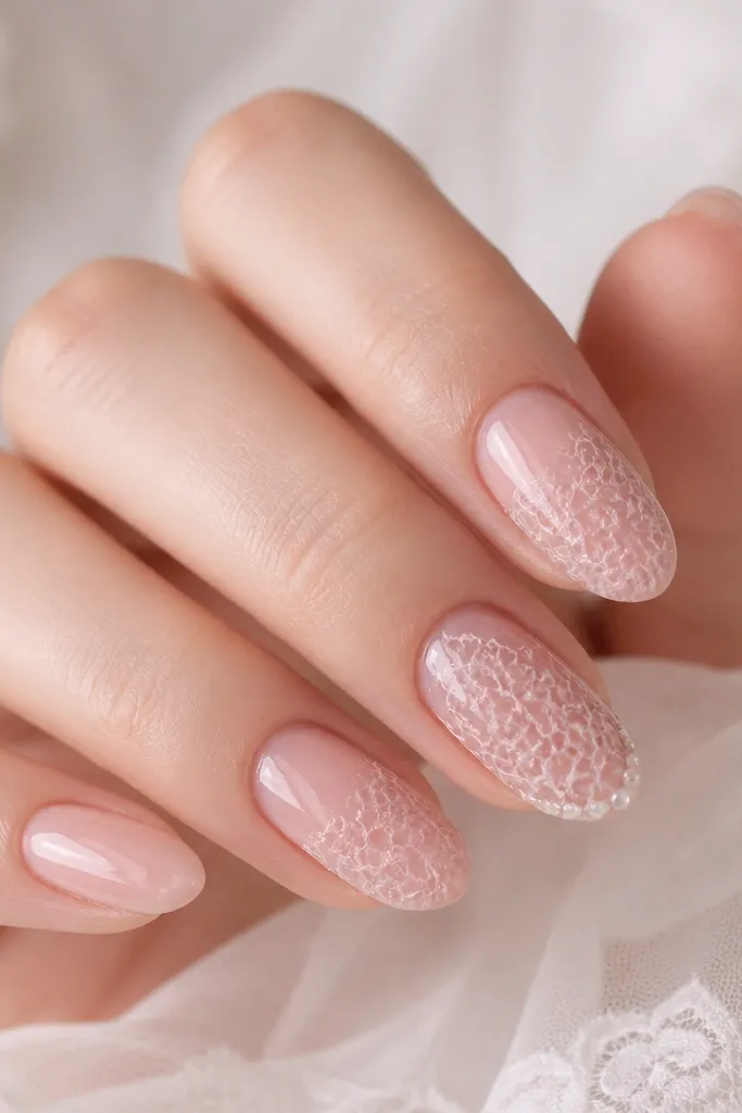 Medium almond nails with a sheer pink base and a lace-effect pattern made from thin white-pink gel lines, forming a delicate net. The pattern is strongest on the ring finger and middle finger. On the ring finger, the lace edge near the tip has a small row of tiny clear beads like a bridal trim. Glossy top coat makes the lace look raised.