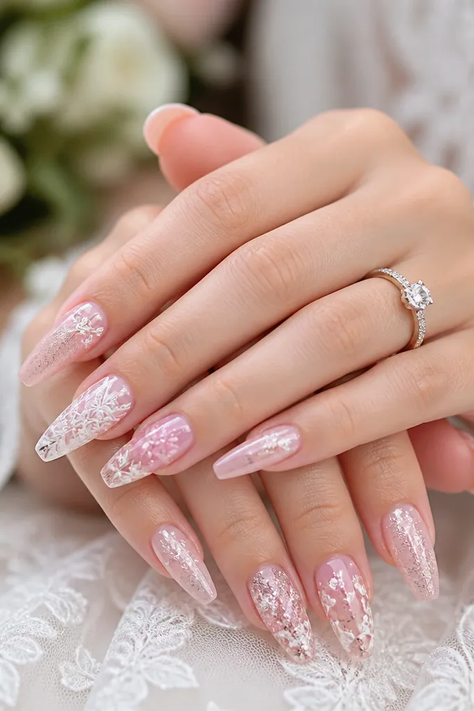 Pink wedding nail extension designs for a romantic bridal look