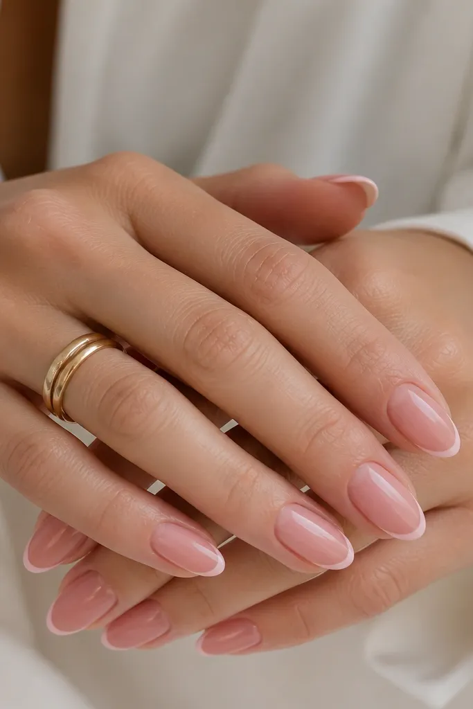 Hands with short-to-medium pink almond nails. The base is sheer rosy pink, and only a very thin baby-pink line sits at the very tip, like a micro French. The tips look crisp and glossy, with no other decorations.