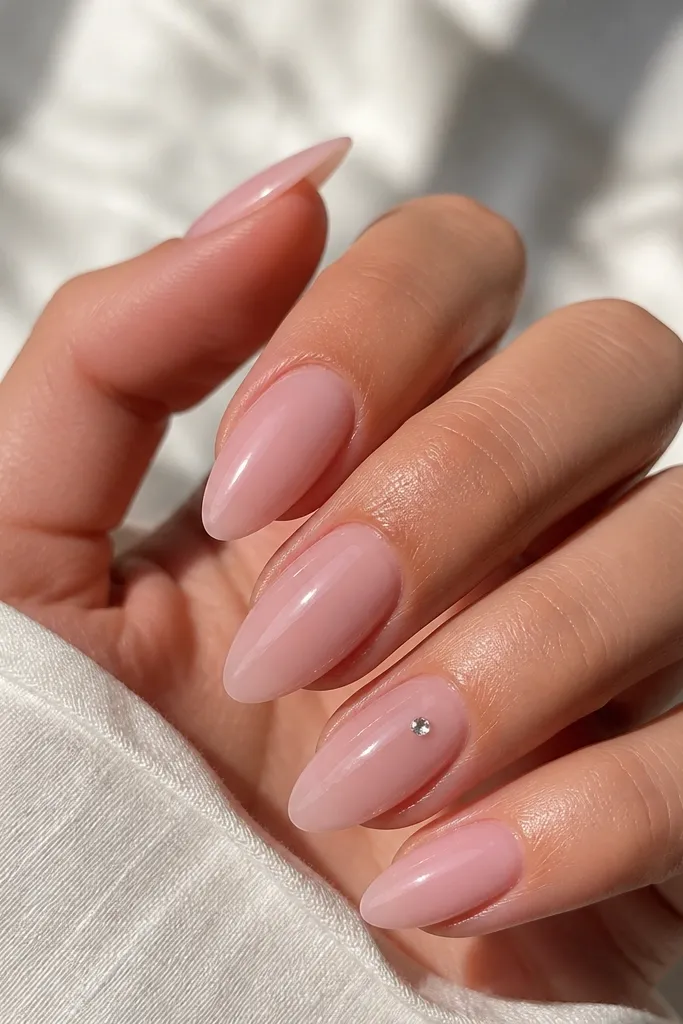Pink almond nails with a glossy, sheer blush base. On the ring finger only, there is one tiny clear rhinestone placed near the center of the nail. The other nails are plain glossy pink with no extra art.