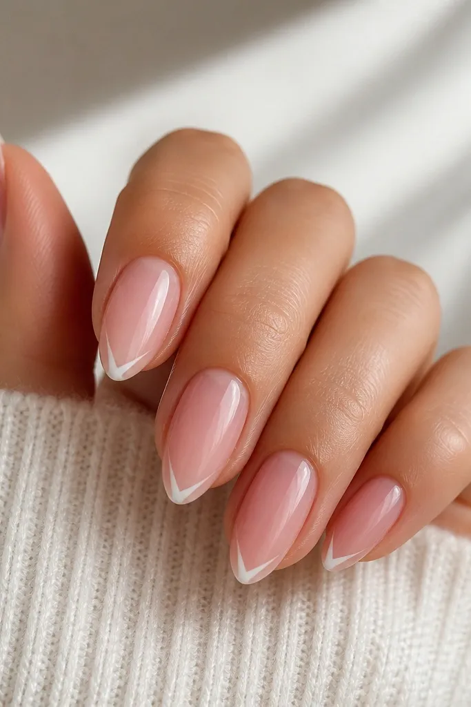 Sheer pink almond nails with a glossy finish. At the very tip, each nail has a tiny white V shape pointing upward, like a mini chevron. The V is narrow and centered, with clean edges.