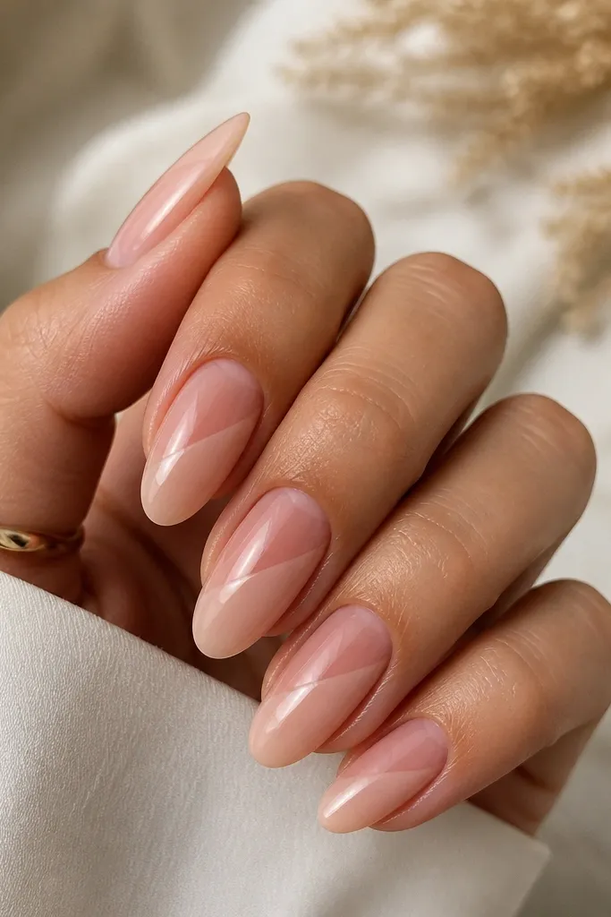 Almond nails in glossy blush pink. On each nail, a diagonal band runs from lower-left near the middle to upper-right at the tip. The band is a nude-beige glaze color, semi-translucent, and blends smoothly into the base.