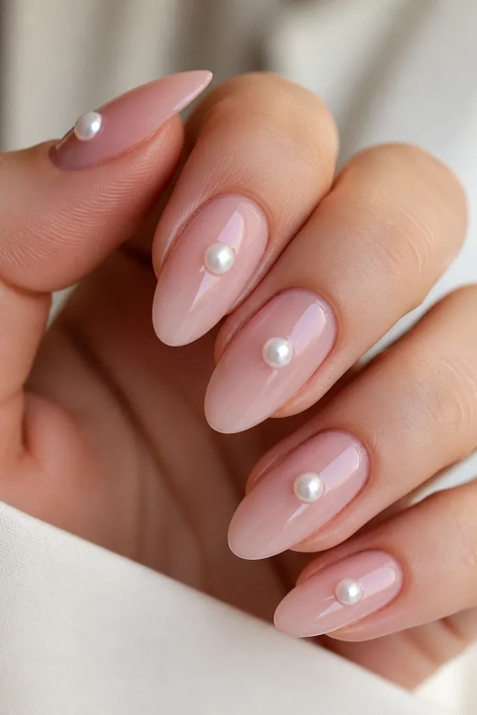 Glossy pink almond nails with a sheer blush base. Each nail has a pearly dot at the center, like a tiny pearl bead made from pearly white polish. The dots are round and glossy, with no other art.