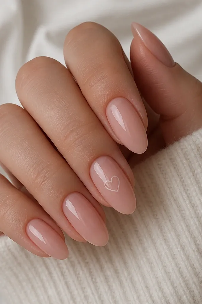Pink almond nails with glossy sheer blush base. On the ring finger, there is a tiny heart outline in pale pink or white near the center, drawn with a thin line. Other nails are plain glossy blush.