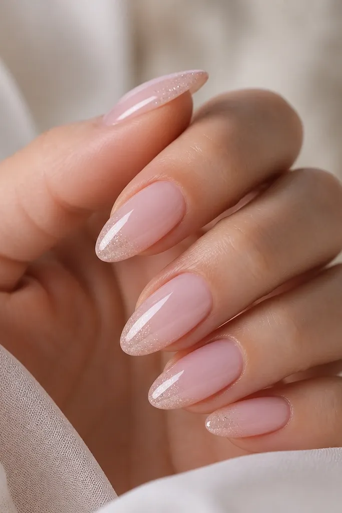 Sheer blush pink almond nails with glossy finish. At the tips, there's a faint glitter fade that starts very lightly near the middle and becomes more sparkly at the very edge. The glitter is fine and translucent, not chunky.
