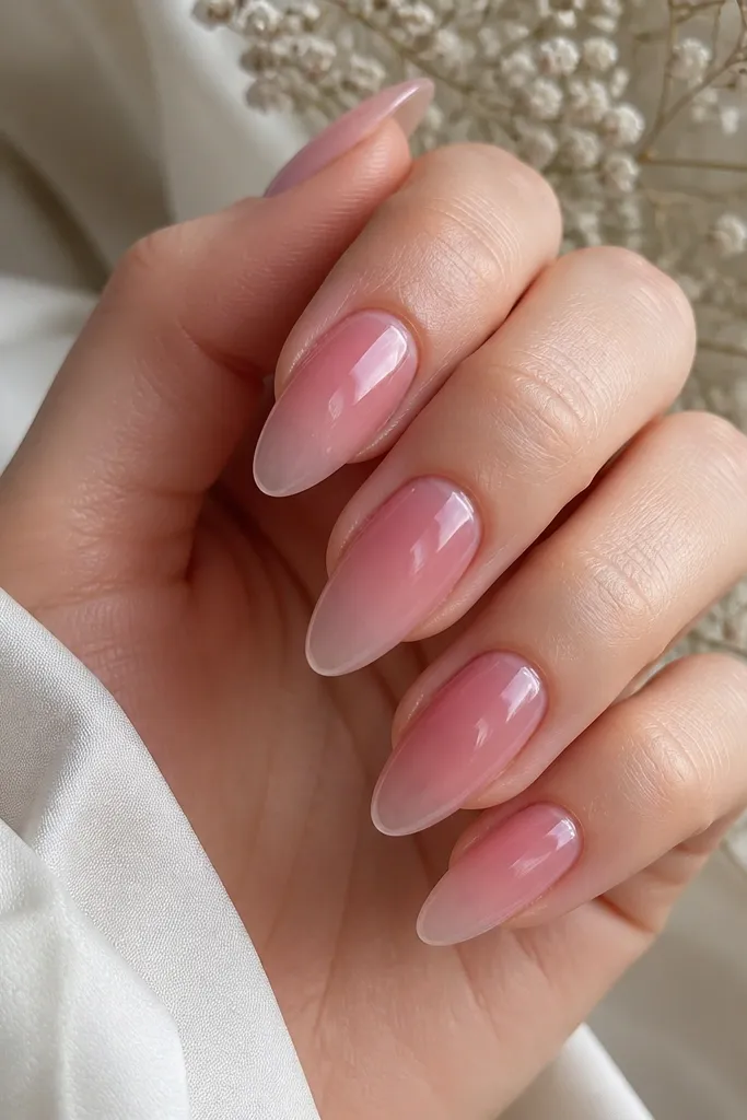 Almond nails with a rose pink gradient. The base is sheer and the rose color fades down into a clearer, natural-looking tip area. The overall finish is glossy, with a smooth ombre transition.
