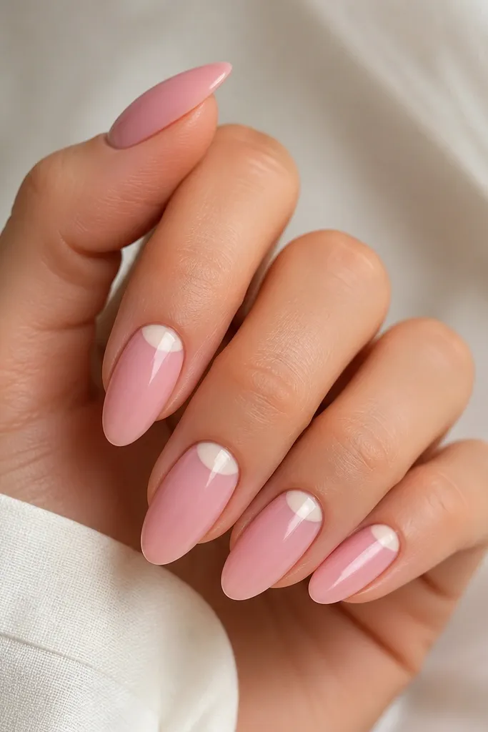 Glossy soft pink almond nails. At the cuticle area, there's a small half-moon accent in pale nude/white, following the curve under the cuticle line. The rest of the nail stays plain glossy pink.