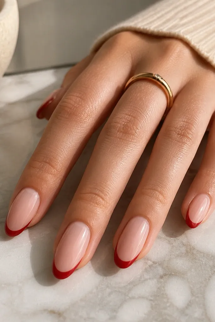 Almond nails with a nude pink base; the tips are painted a crisp red French line that curves with the almond outline and stops short of the sidewalls.