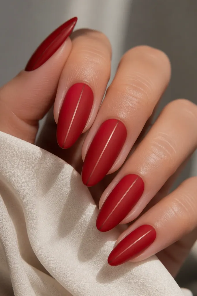 Almond nails in matte velvet red; on each nail there's one thin satin-like line running vertically from near the cuticle to the free edge.