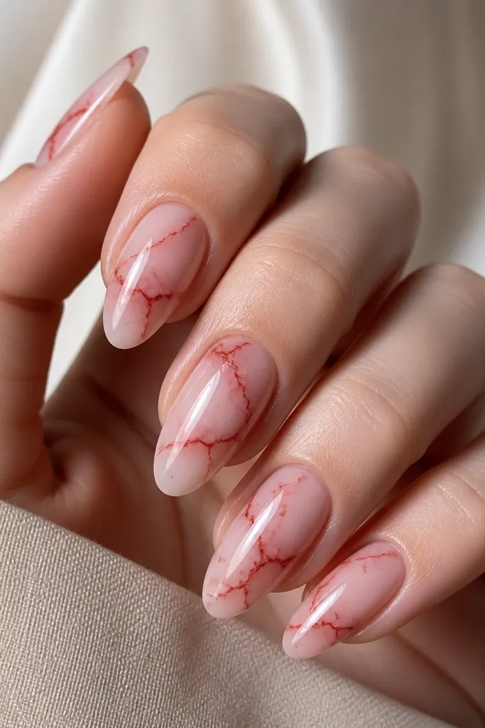 Almond nails with a clear blush base; thin red marble veins branch across the nail like natural stone, with glossy highlights on top.