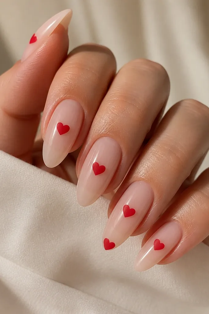 Almond nails with a clear glossy base; small matte red hearts sit on the center of each nail, with one heart near the tip on two accent nails.