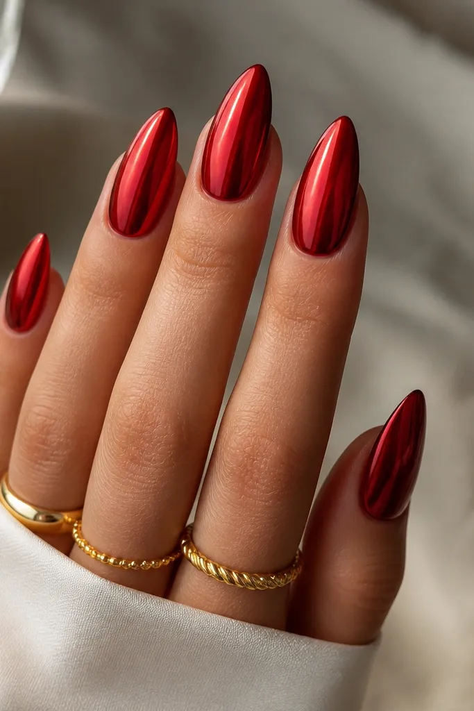 Almond nails coated in red chrome; the shine is strongest near the tip and fades slightly toward the cuticle like a soft gradient mirror effect.