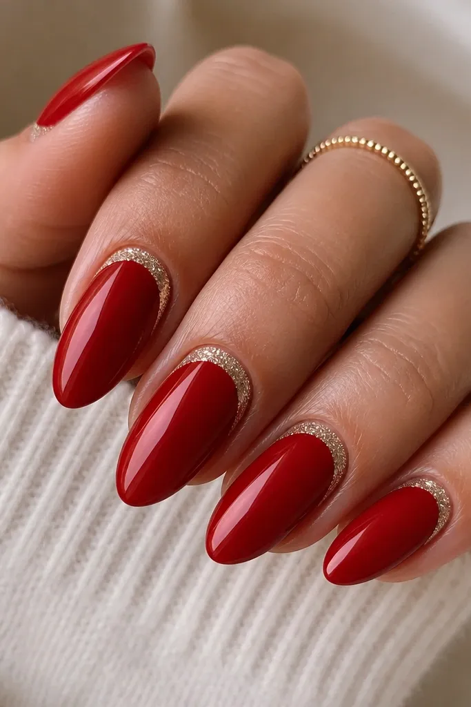Almond nails with a glossy red base; a glitter half-moon halo sits right at the cuticle edge, leaving the rest of the nail clean.