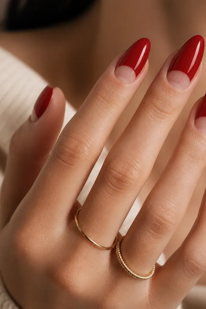 Almond nails with a glossy red top half; the cuticle half-moon area is clear/nude negative space, creating a sharp curved border.