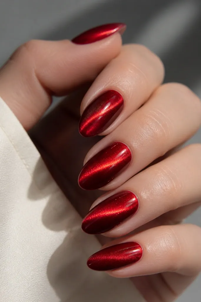 Almond nails coated in red cat-eye gel; a bright glowing streak runs diagonally across each nail, creating a side-lit effect.