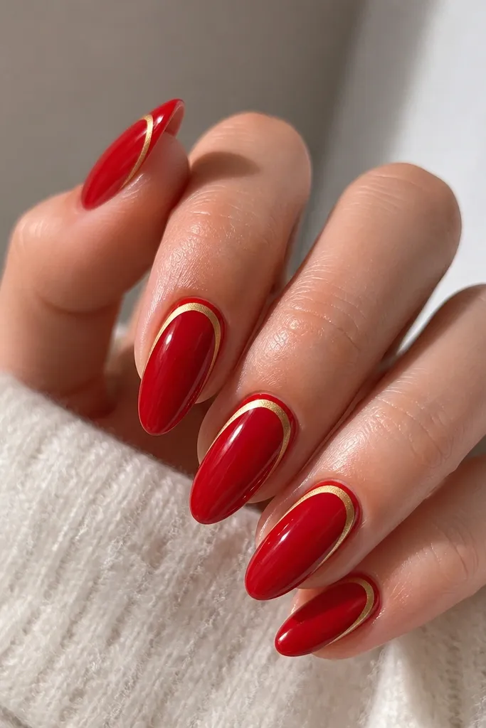 Almond nails painted glossy red with a thin gold outline tracing the French tip curve; the gold line sits just inside the red edge.