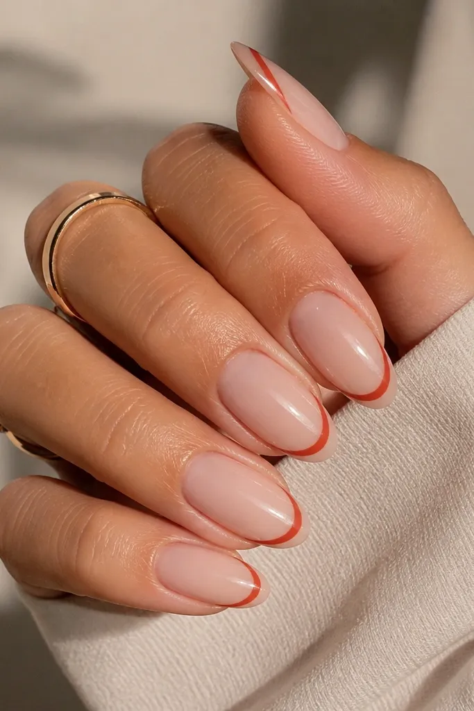 Almond nails painted a sheer nude base with a brick-red curved French arc near the tips. The arc is thin, slightly curved upward, and the rest of the nail is clean and glossy.