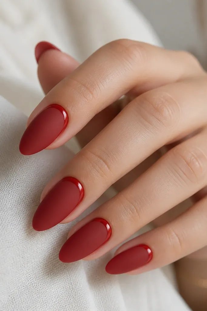 Almond nails in a deep matte red finish, with a thin glossy stripe running along the cuticle line. The contrast looks smooth and intentionally designed.