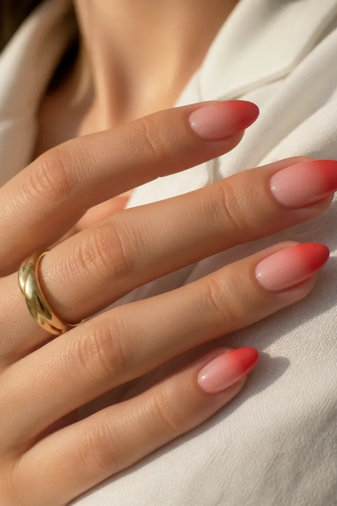 Almond nails with a smooth gradient from a nude-pink base to a bright red tip. The fade is soft and blended, with no harsh line.