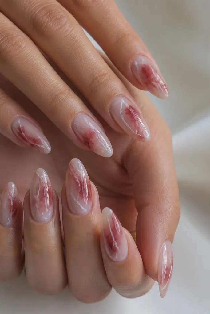 Almond nails with a clear or jelly nude base and white veining lines mixed with deep red marbling. The marble looks airy, not heavy, with glossy finish.