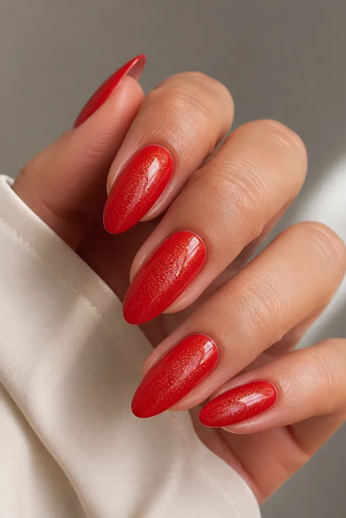Almond nails painted glossy red with a "glazed" look and tiny micro glitter specks concentrated around the center and tip. The glitter is subtle, not chunky.