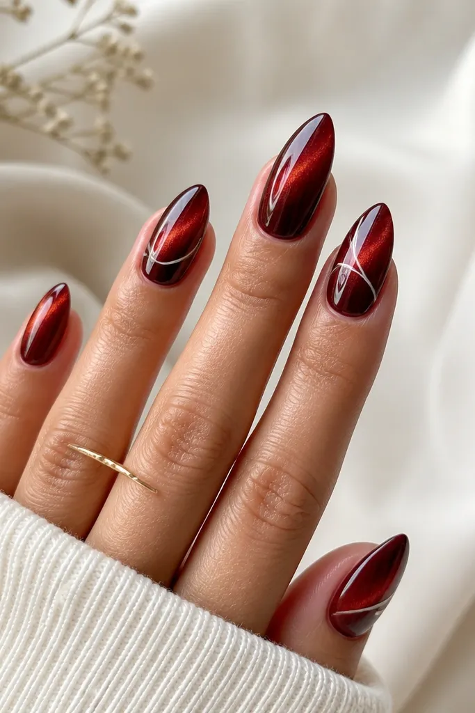 Almond nails with a glossy deep red cat-eye base showing a bright streak in the middle. On two nails there are thin white line accents like simple curves near the tip.