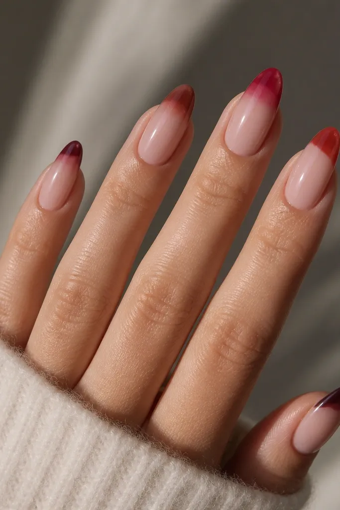 A set of almond nails where each nail has a red jelly gradient only at the tip, using three different reds across the fingers. The base stays nude and the tip colors are semi-translucent.